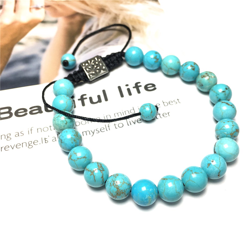 Blue Turqouise Gemstone Beads Bracelet Handmade Round Beaded Bracelet