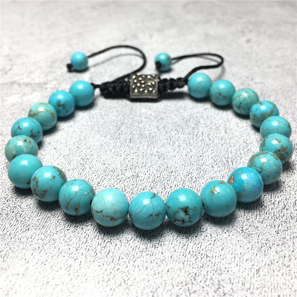 Blue Turqouise Gemstone Beads Bracelet Handmade Round Beaded Bracelet