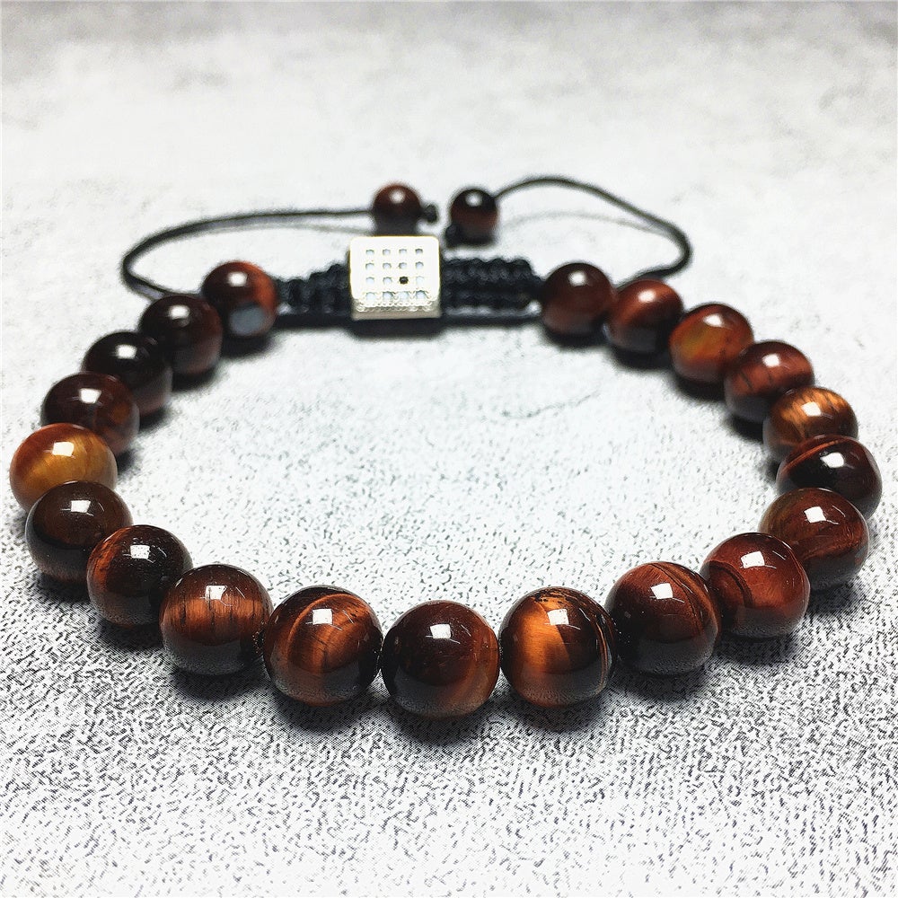 Handmade Natural Red Tiger Eye Genuine Gemstones Adjustable Braid Rope Bracelet