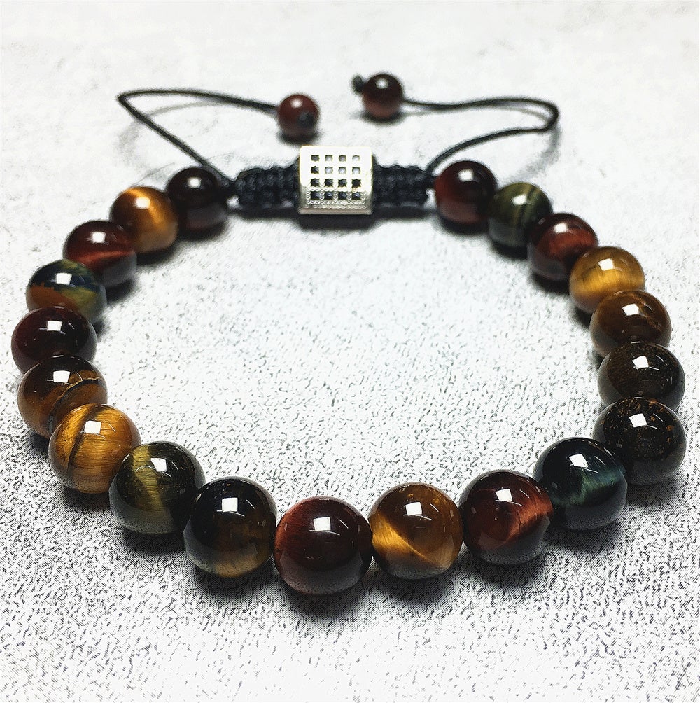 Handmade Natural Multi Color Tigereye Genuine Gemstones Adjustable Braid Rope Bracelet