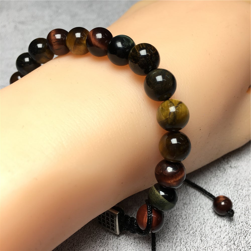 Handmade Natural Multi Color Tigereye Genuine Gemstones Adjustable Braid Rope Bracelet