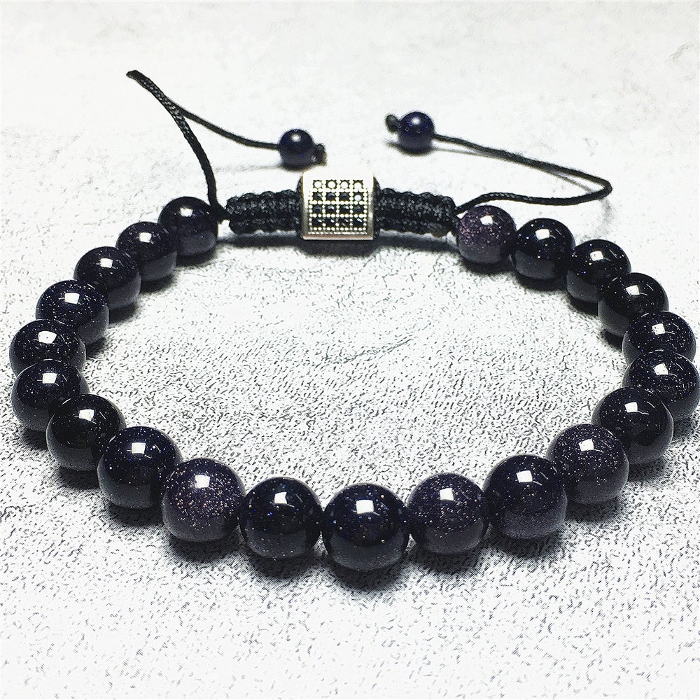 Natural Blue Sandstone Gemstone Adjustable Braid Rope Bracelet Handmade Design