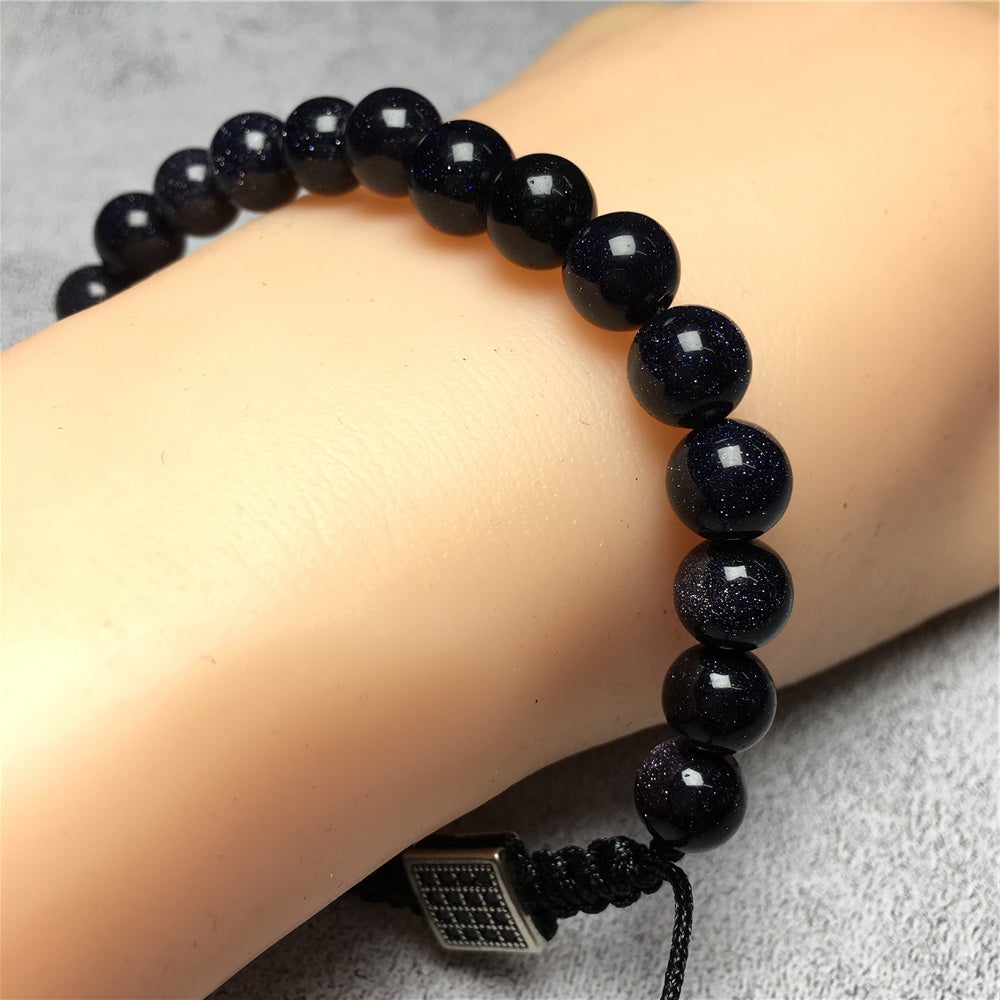 Natural Blue Sandstone Gemstone Adjustable Braid Rope Bracelet Handmade Design
