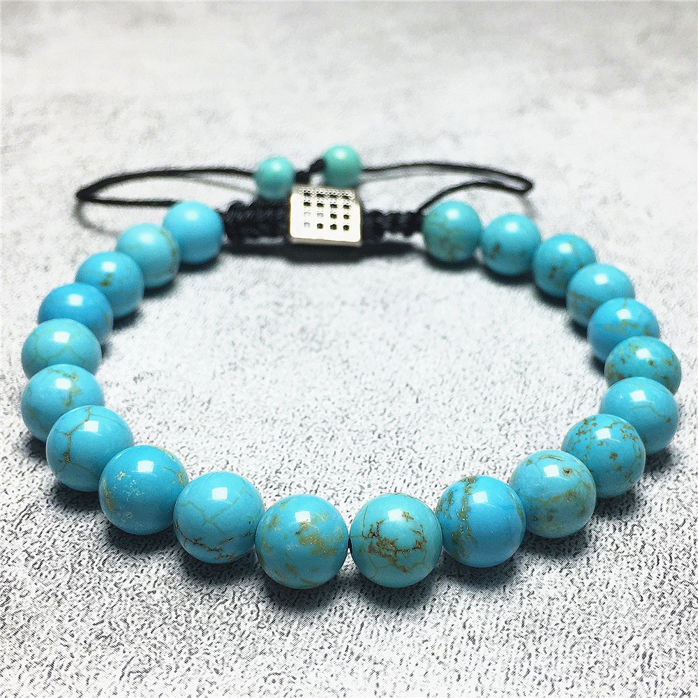 Natural Blue Turqouise Gemstone Adjustable Braid Rope Bangles Stone Beads Bracelets