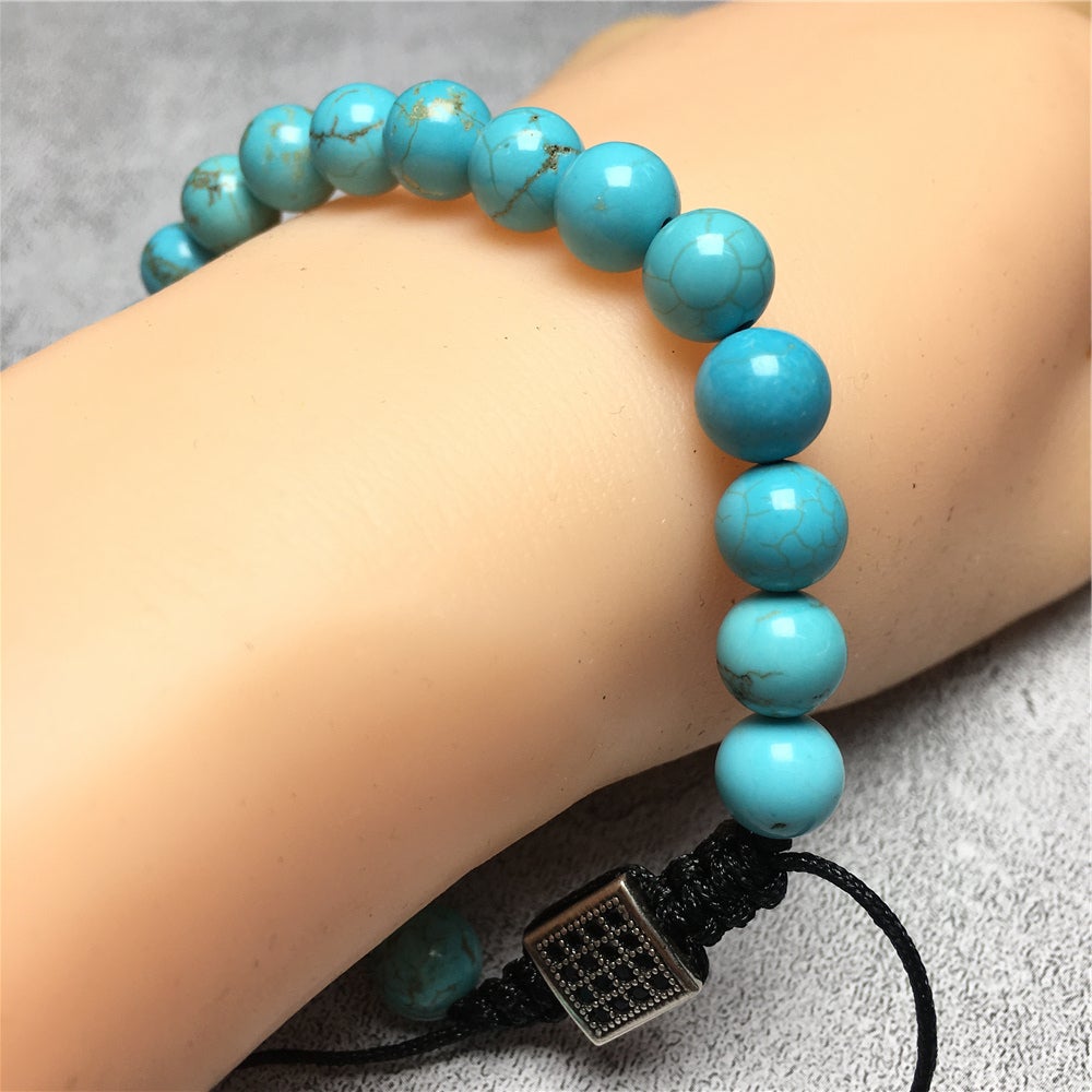 Natural Blue Turqouise Gemstone Adjustable Braid Rope Bangles Stone Beads Bracelets