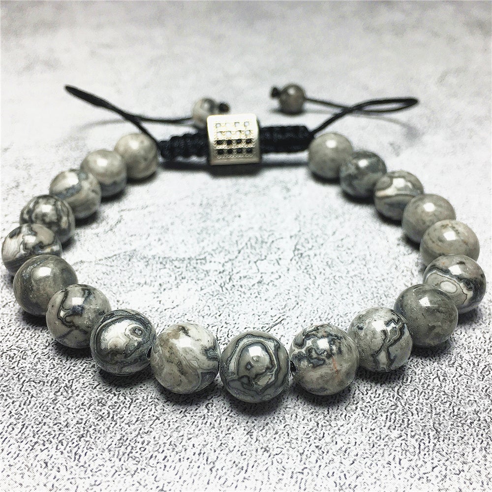 Natural Map Stone Gemstone Adjustable Braid Rope Bangles Stone Beads Bracelets