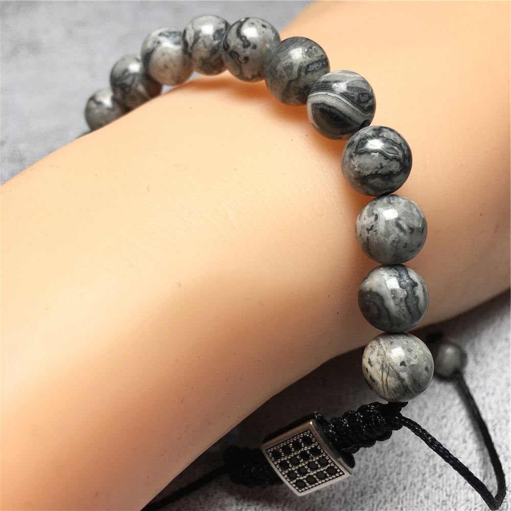 Natural Map Stone Gemstone Adjustable Braid Rope Bangles Stone Beads Bracelets