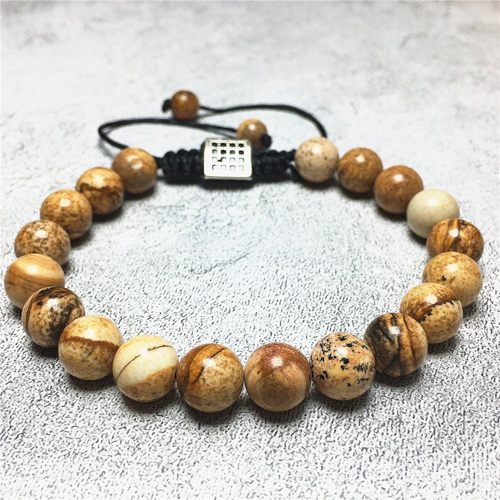 Natural Picture Jasper Gemstone Adjustable Braid Rope Stone Beads Bracelets