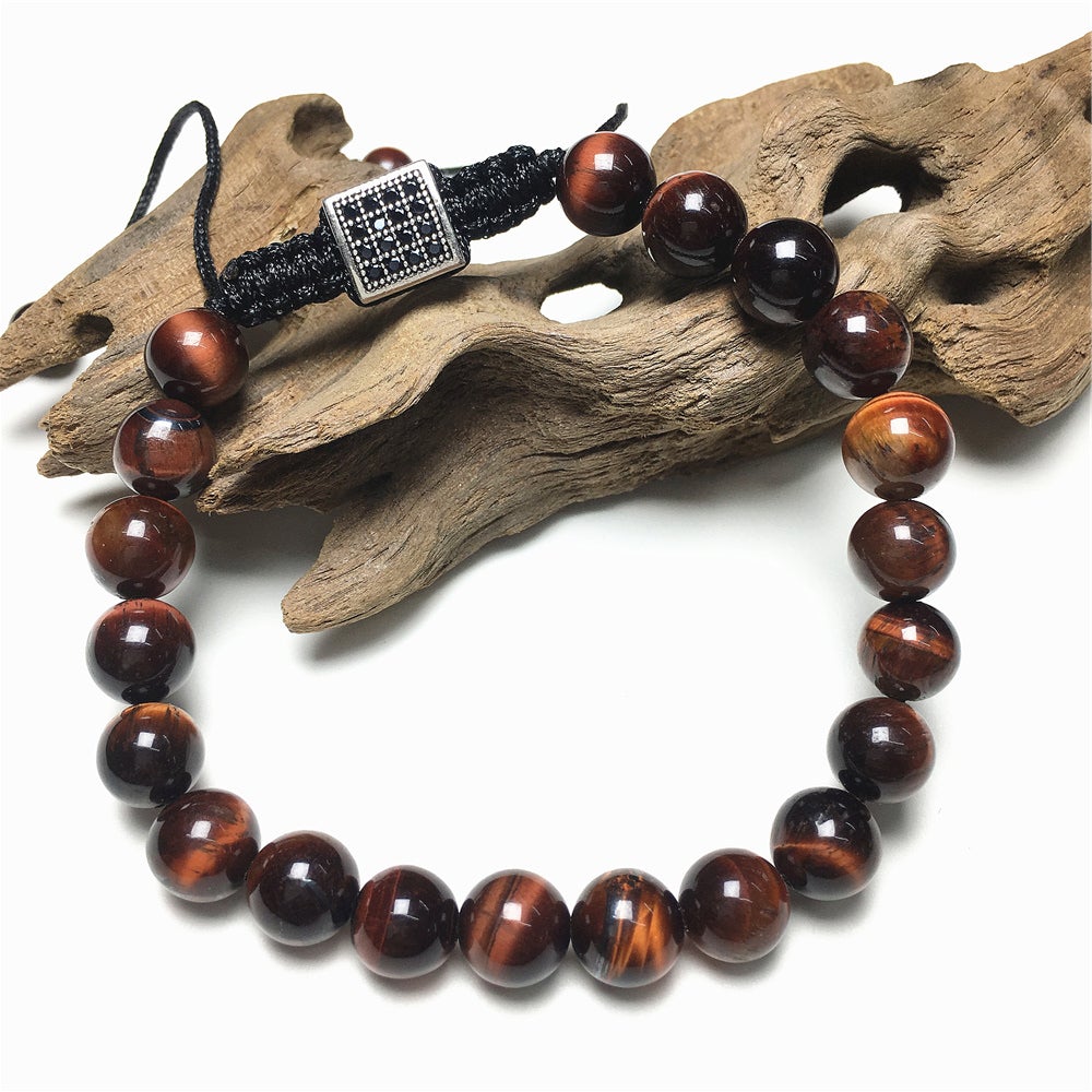 Handmade Natural Red Tiger Eye Genuine Gemstones Adjustable Braid Rope Bracelet