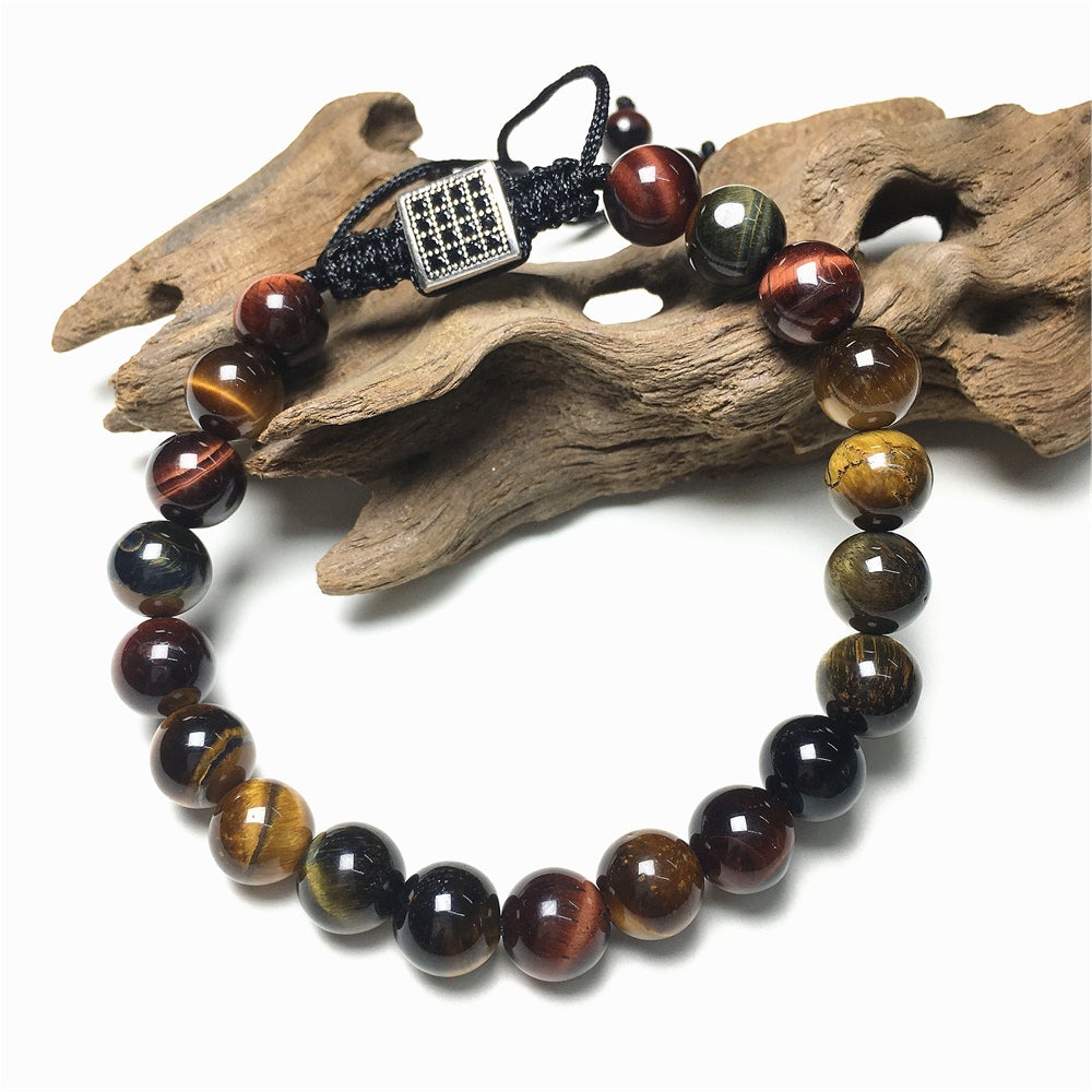 Handmade Natural Multi Color Tigereye Genuine Gemstones Adjustable Braid Rope Bracelet