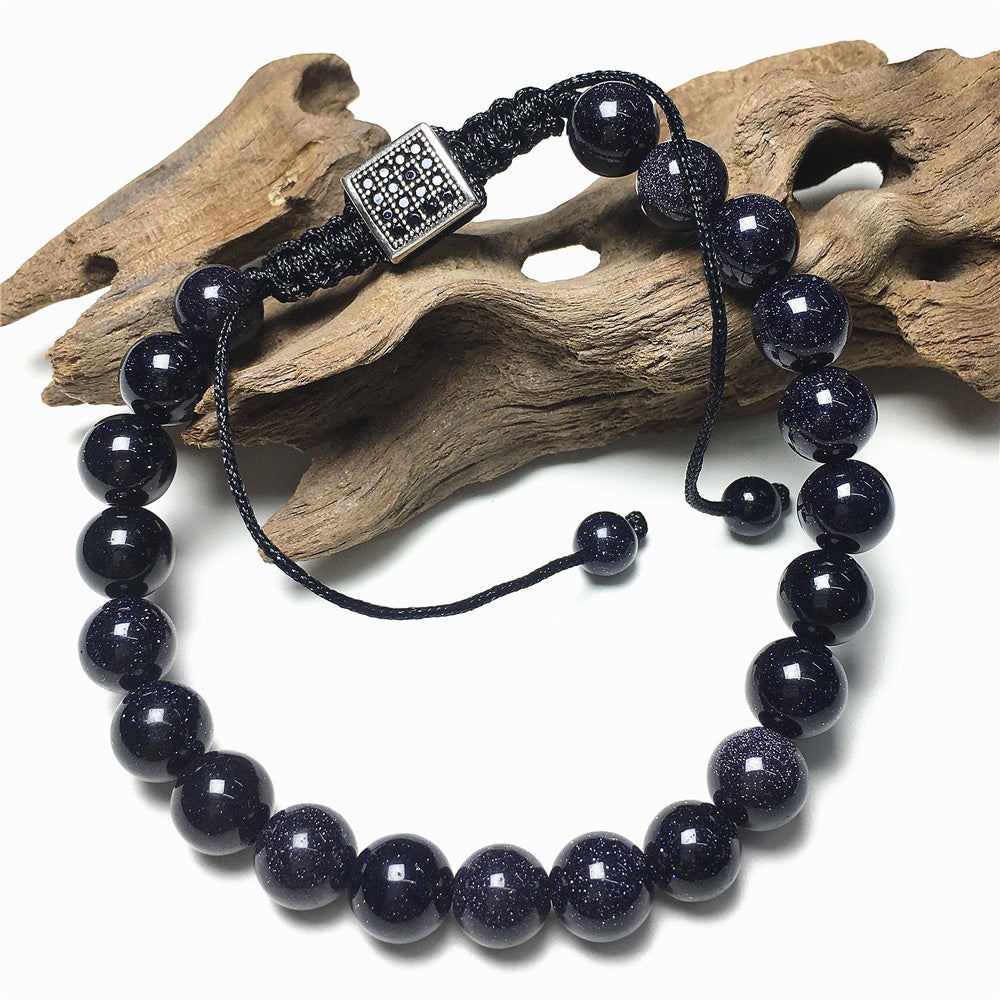 Natural Blue Sandstone Gemstone Adjustable Braid Rope Bracelet Handmade Design
