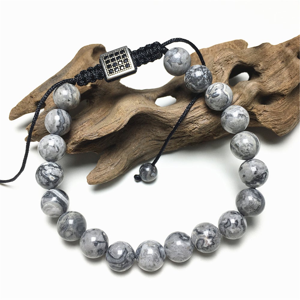 Natural Map Stone Gemstone Adjustable Braid Rope Bangles Stone Beads Bracelets
