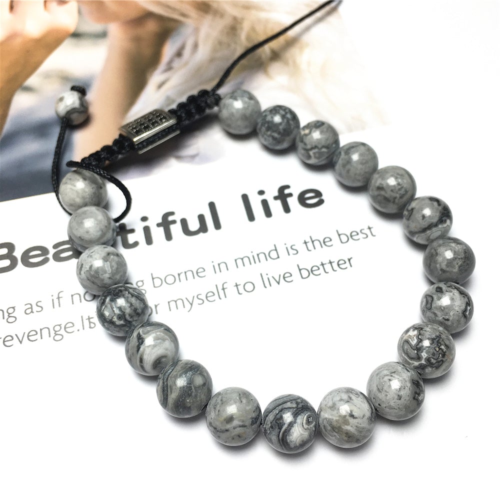Natural Map Stone Gemstone Adjustable Braid Rope Bangles Stone Beads Bracelets