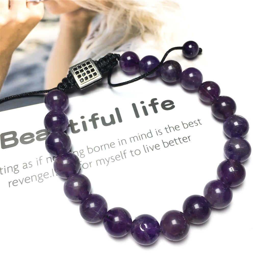 Natural Amethyst Gemstone Adjustable Braid Rope Bracelet Handmade Design
