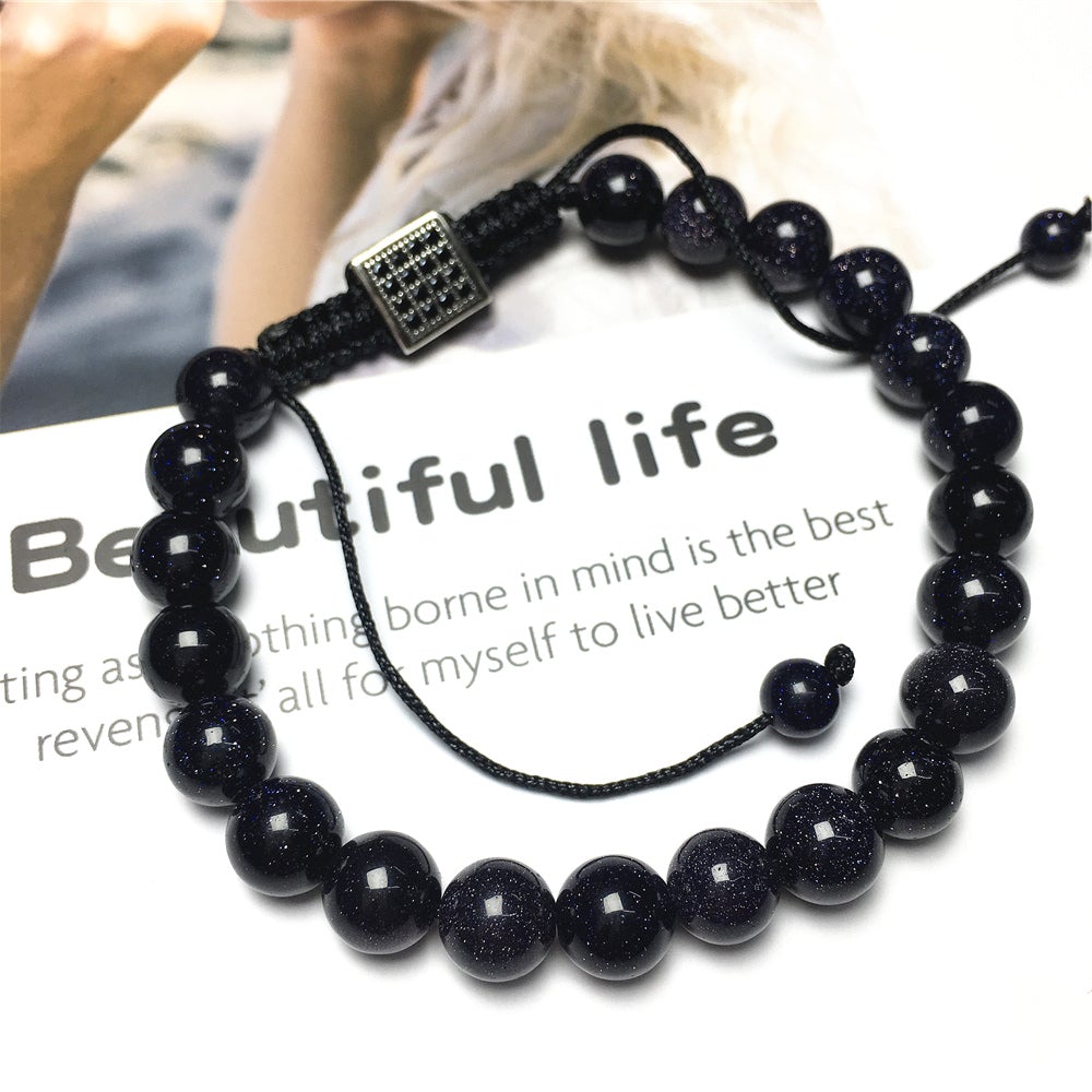 Natural Blue Sandstone Gemstone Adjustable Braid Rope Bracelet Handmade Design