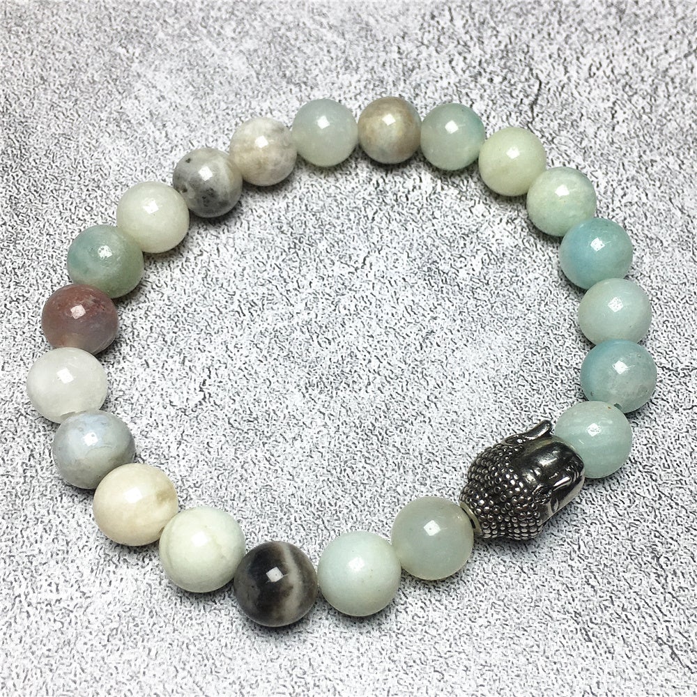 Amazonite Gemstone with Buddha Head Charm Handmade Elastic Bracelet
