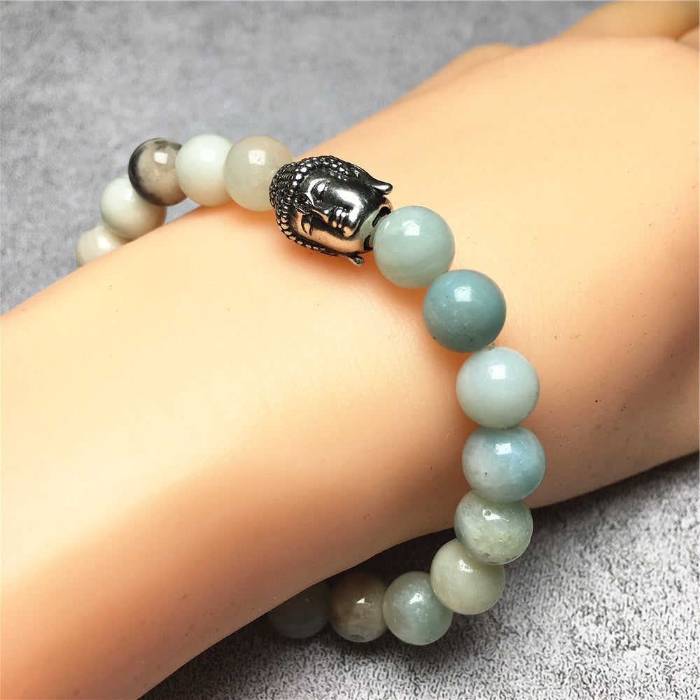 Amazonite Gemstone with Buddha Head Charm Handmade Elastic Bracelet