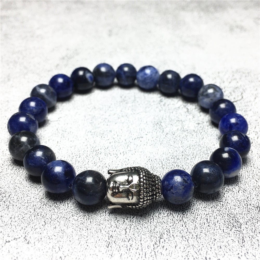 Sodalite Gemstone with Buddha Head Charm Handmade Elastic Bracelet