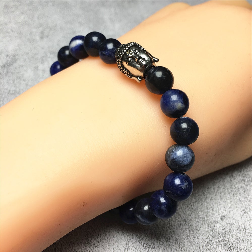 Sodalite Gemstone with Buddha Head Charm Handmade Elastic Bracelet