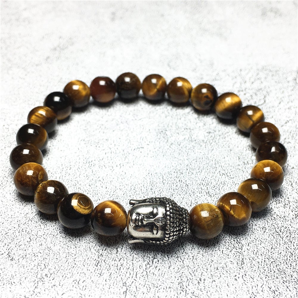 Buddha Head Charm Tiger Eye Stone Handmade Elastic Bracelet