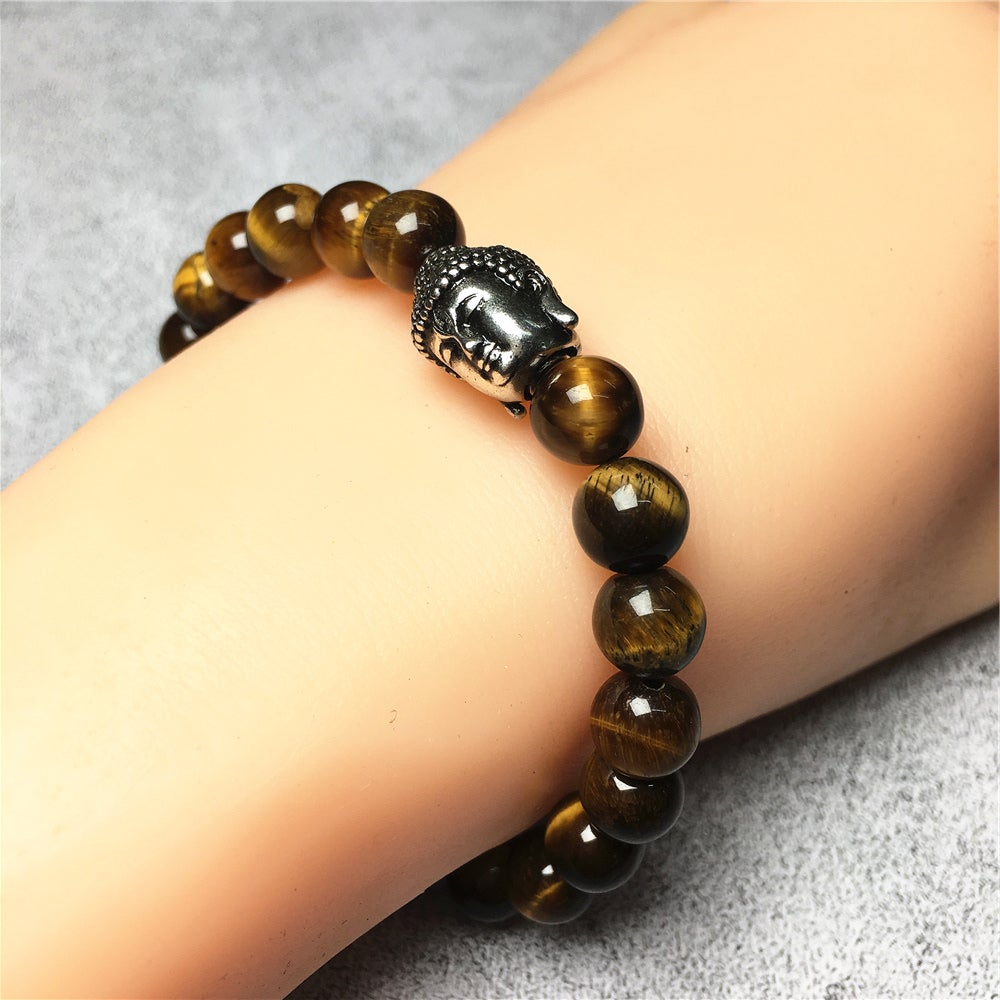 Buddha Head Charm Tiger Eye Stone Handmade Elastic Bracelet
