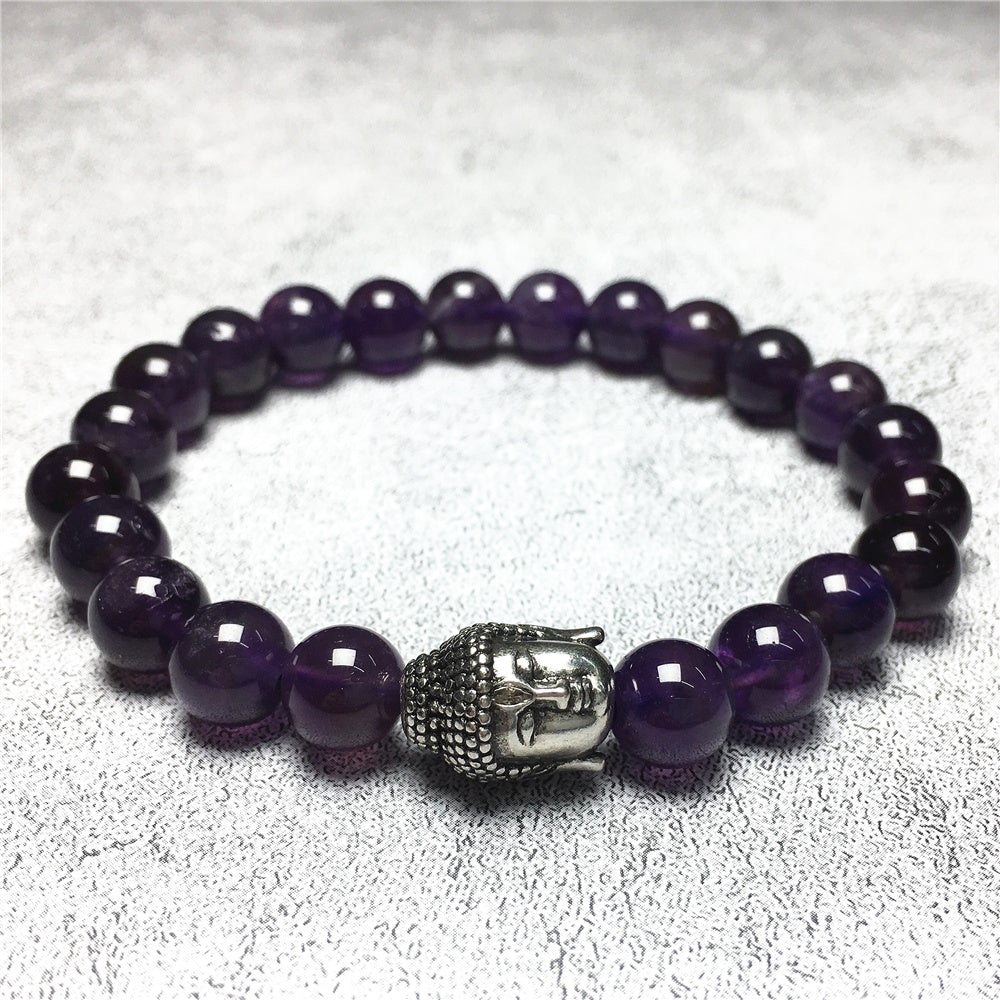 Amethyst Gemstone with Buddha Head Charm Handmade Elastic Bracelet