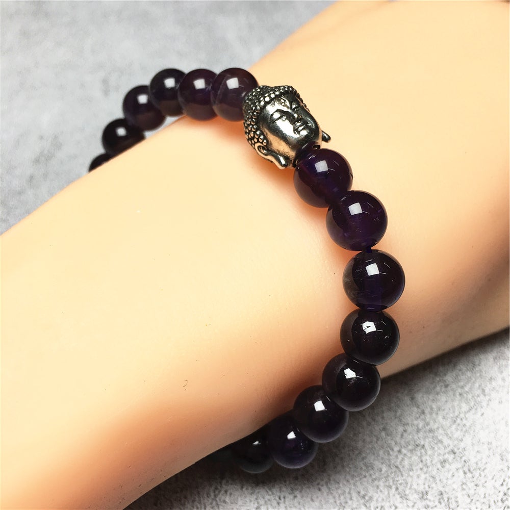 Amethyst Gemstone with Buddha Head Charm Handmade Elastic Bracelet