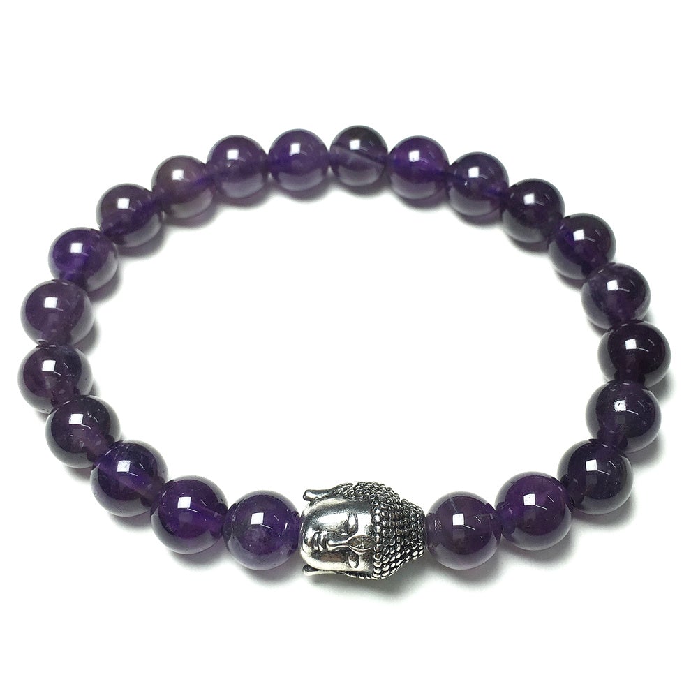 Amethyst Gemstone with Buddha Head Charm Handmade Elastic Bracelet