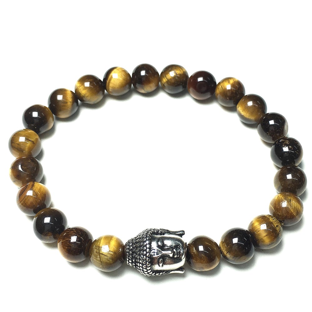 Buddha Head Charm Tiger Eye Stone Handmade Elastic Bracelet