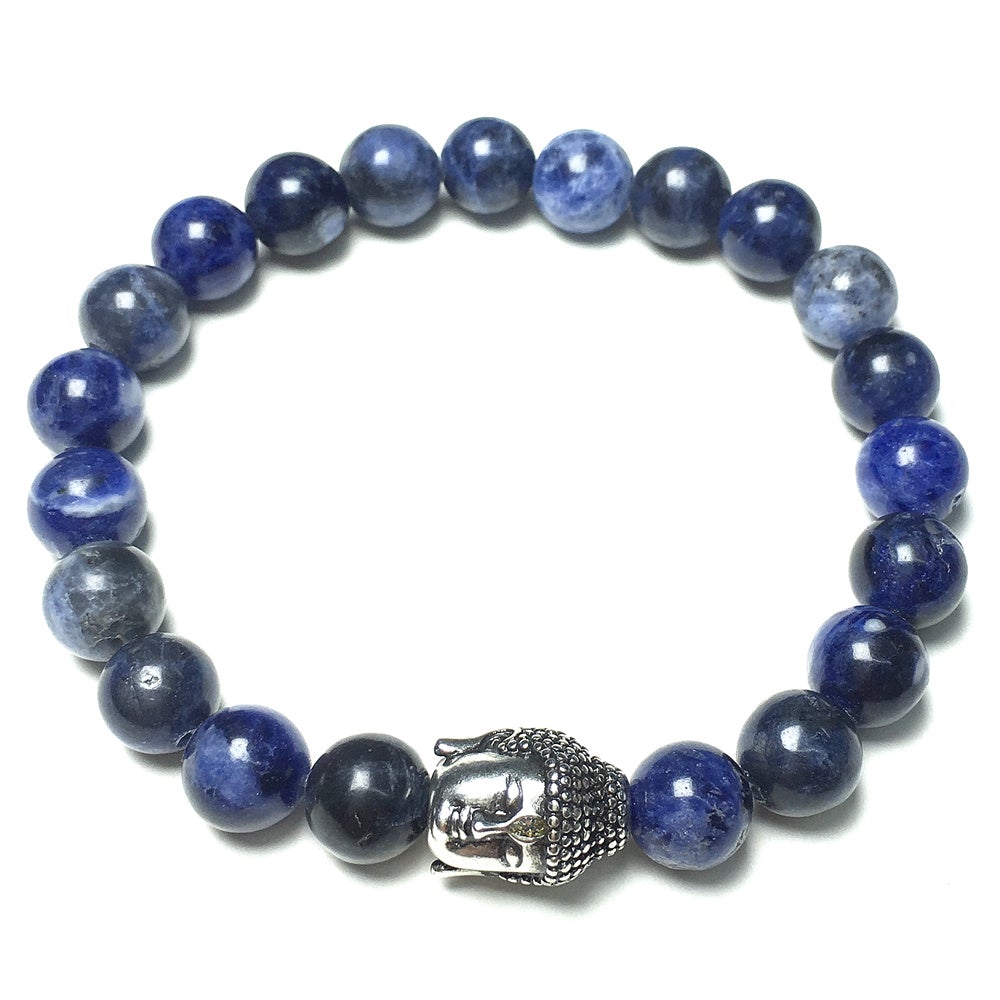 Sodalite Gemstone with Buddha Head Charm Handmade Elastic Bracelet
