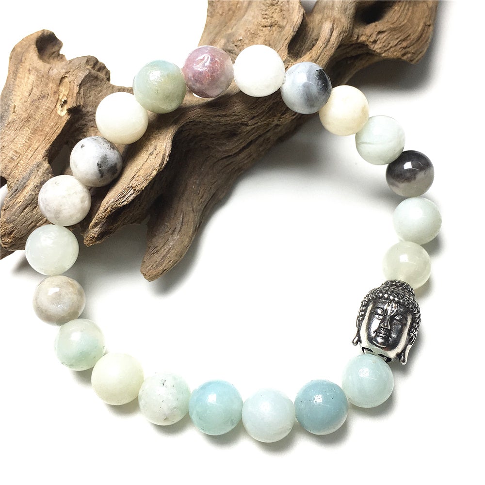 Amazonite Gemstone with Buddha Head Charm Handmade Elastic Bracelet