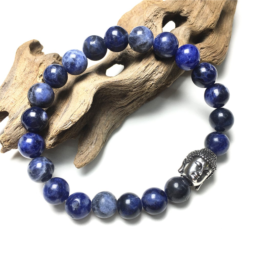 Sodalite Gemstone with Buddha Head Charm Handmade Elastic Bracelet