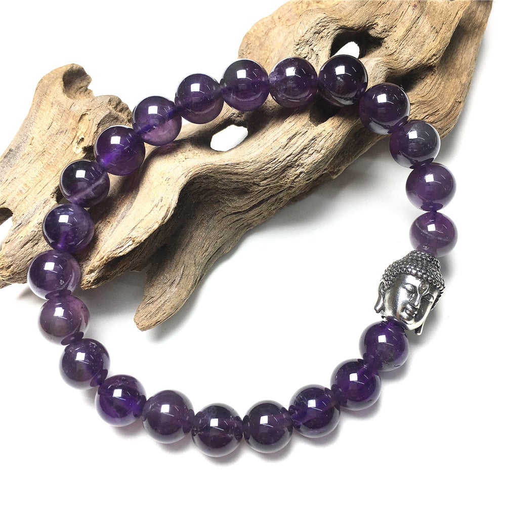 Amethyst Gemstone with Buddha Head Charm Handmade Elastic Bracelet