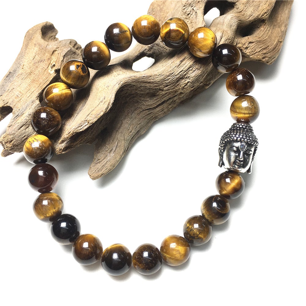 Buddha Head Charm Tiger Eye Stone Handmade Elastic Bracelet