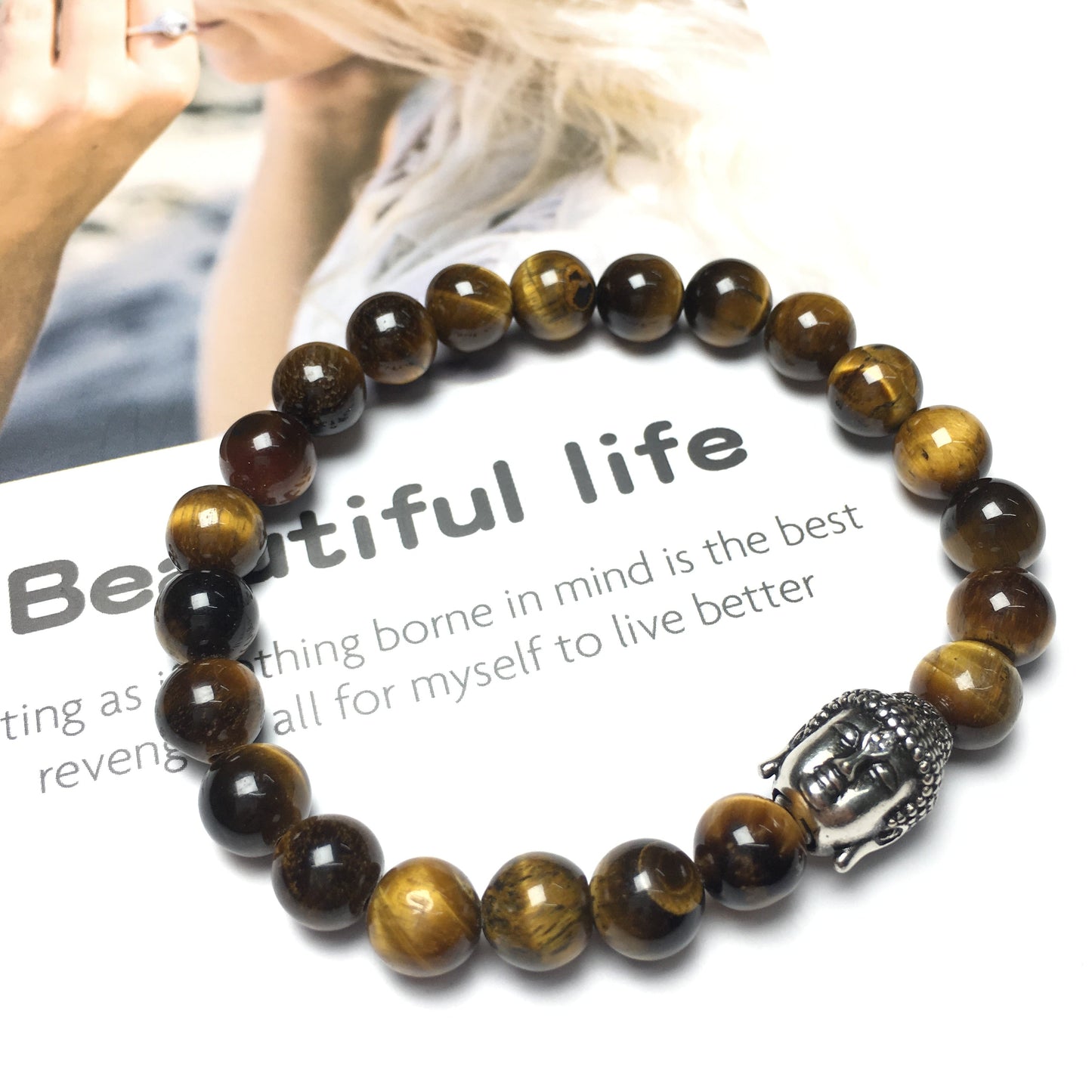 Buddha Head Charm Tiger Eye Stone Handmade Elastic Bracelet