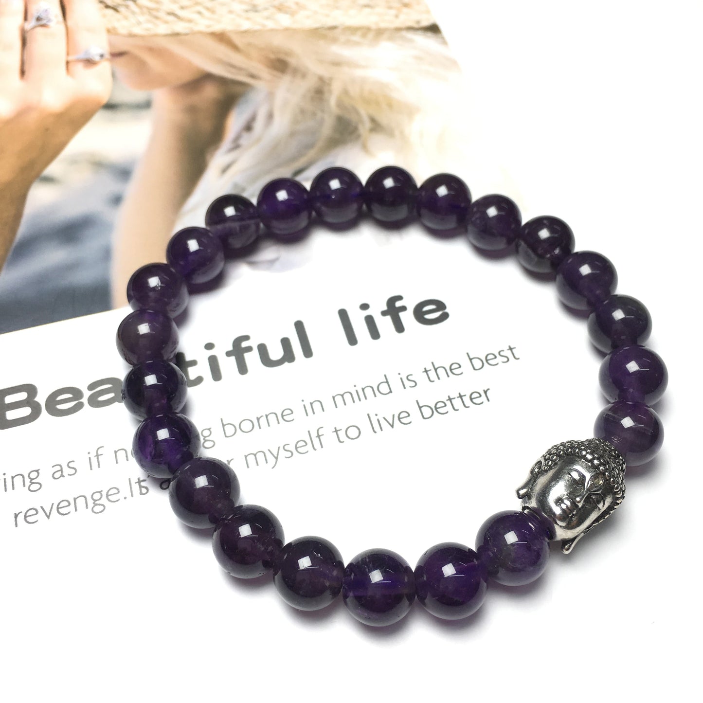 Amethyst Gemstone with Buddha Head Charm Handmade Elastic Bracelet