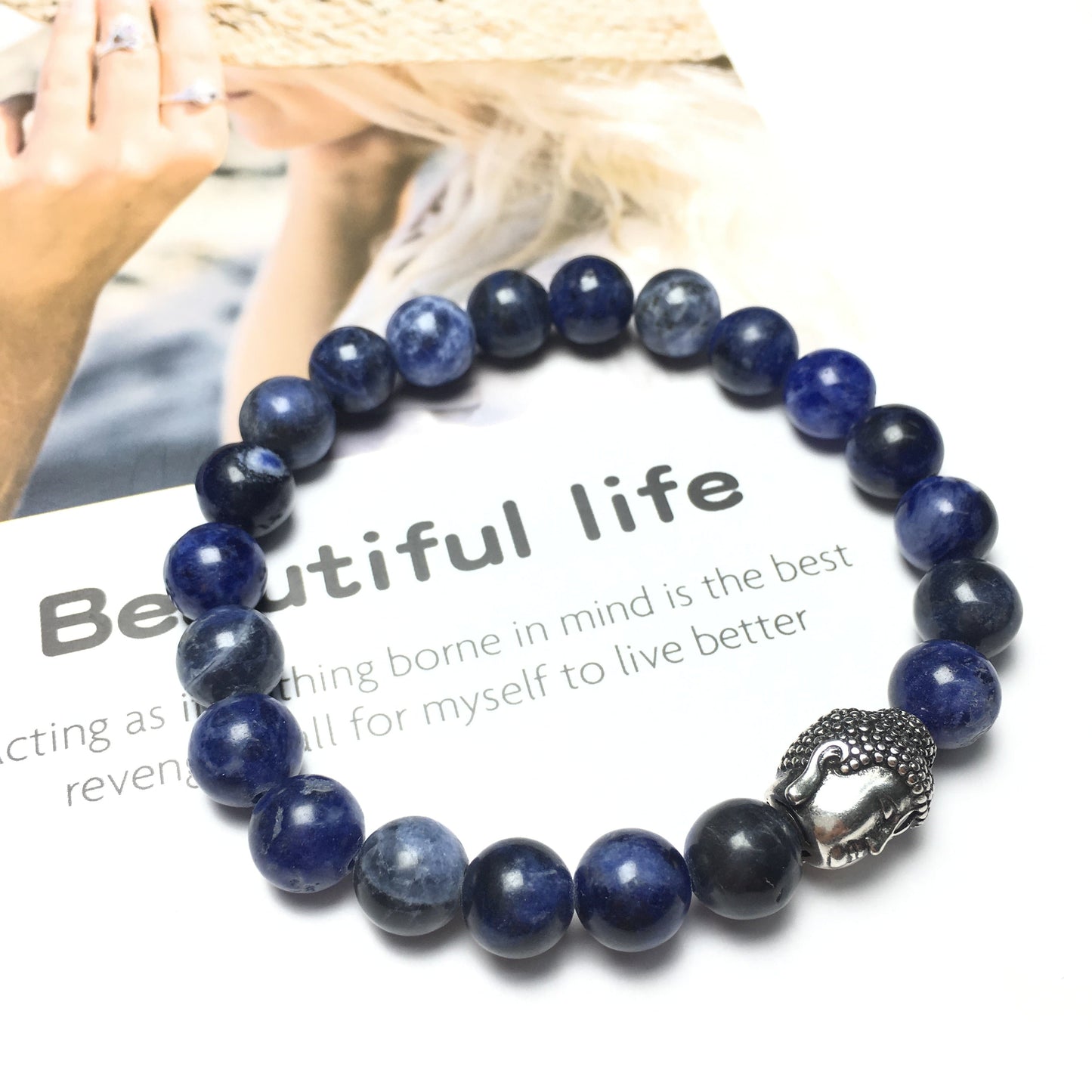 Sodalite Gemstone with Buddha Head Charm Handmade Elastic Bracelet