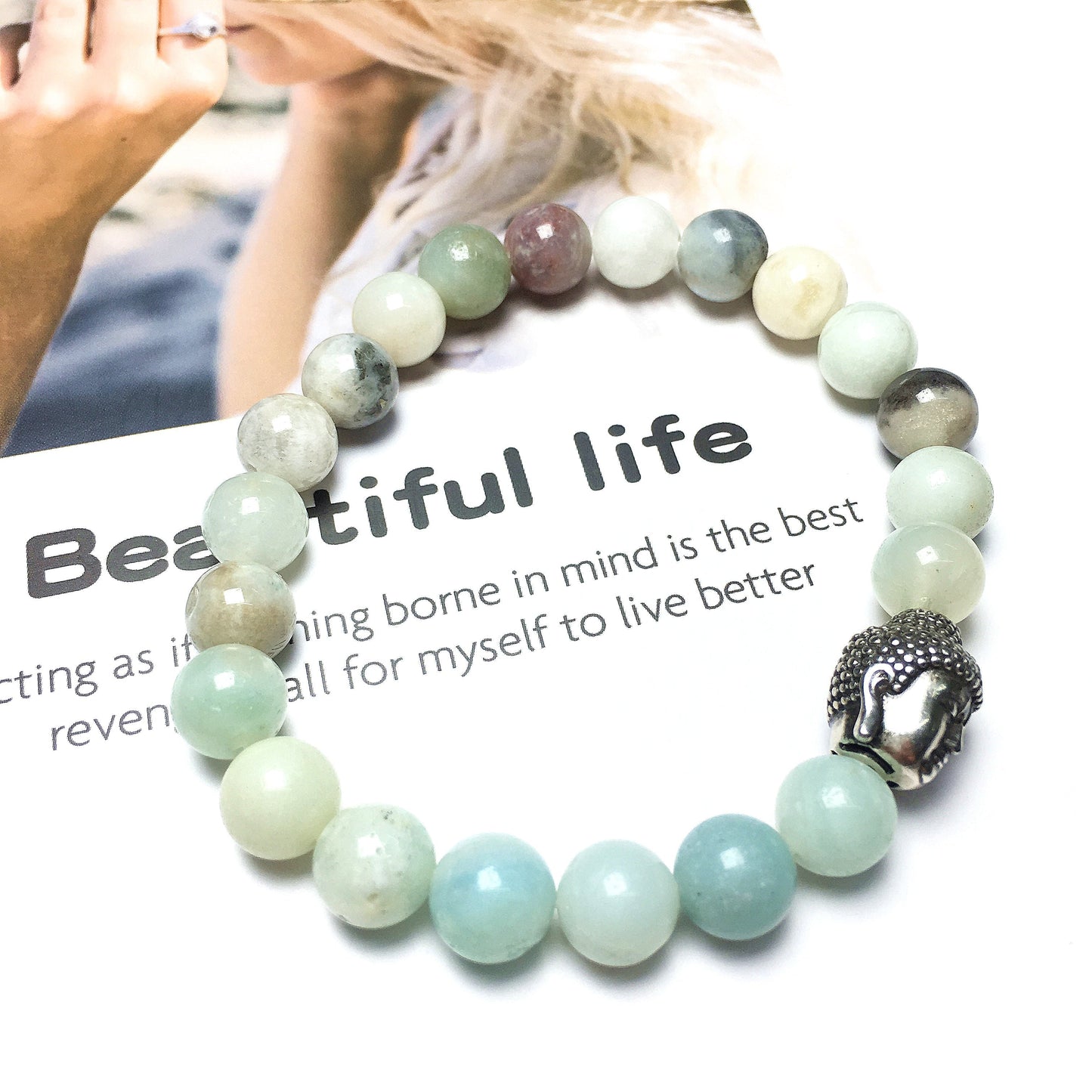 Amazonite Gemstone with Buddha Head Charm Handmade Elastic Bracelet