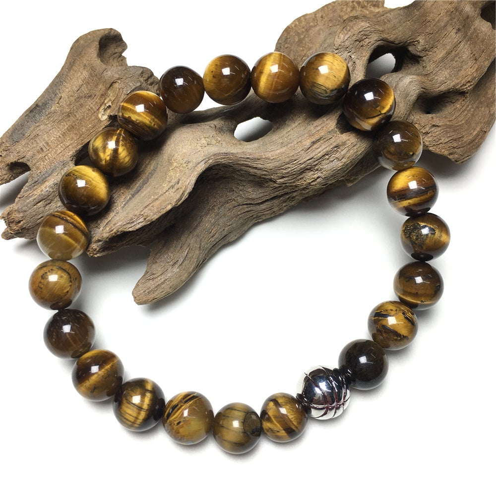 Handmade Natural Tigereye Genuine Gemstones Basketball Charms Beads Bracelet