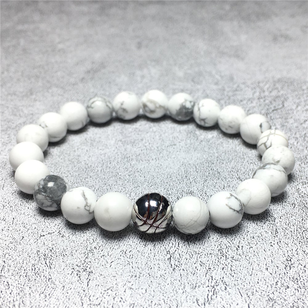 Handmade Natural Howlite Genuine Gemstones Basketball Charms Beads Bracelet