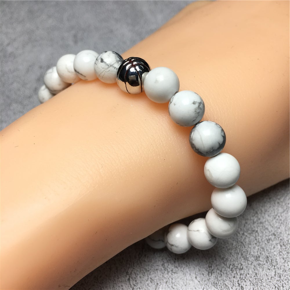 Handmade Natural Howlite Genuine Gemstones Basketball Charms Beads Bracelet