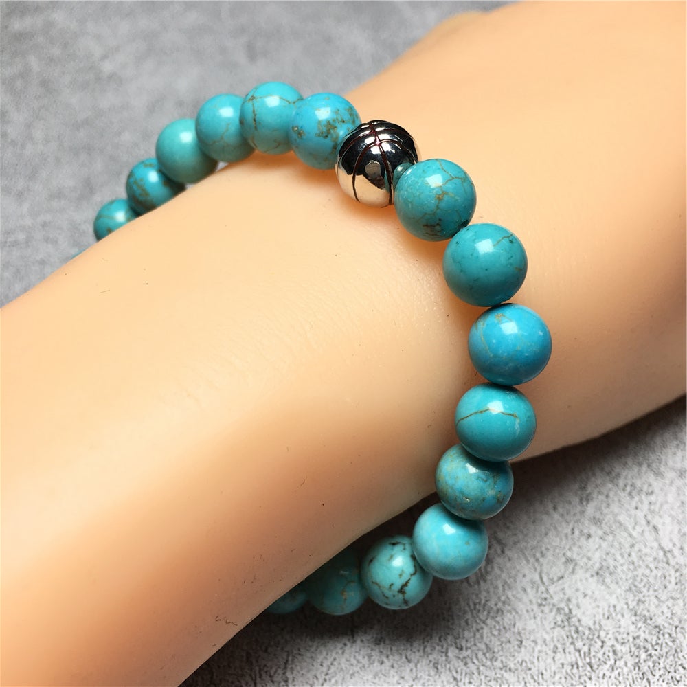 Blue Turqouise Gemstones Handmade Basketball Charms Beads Bracelet