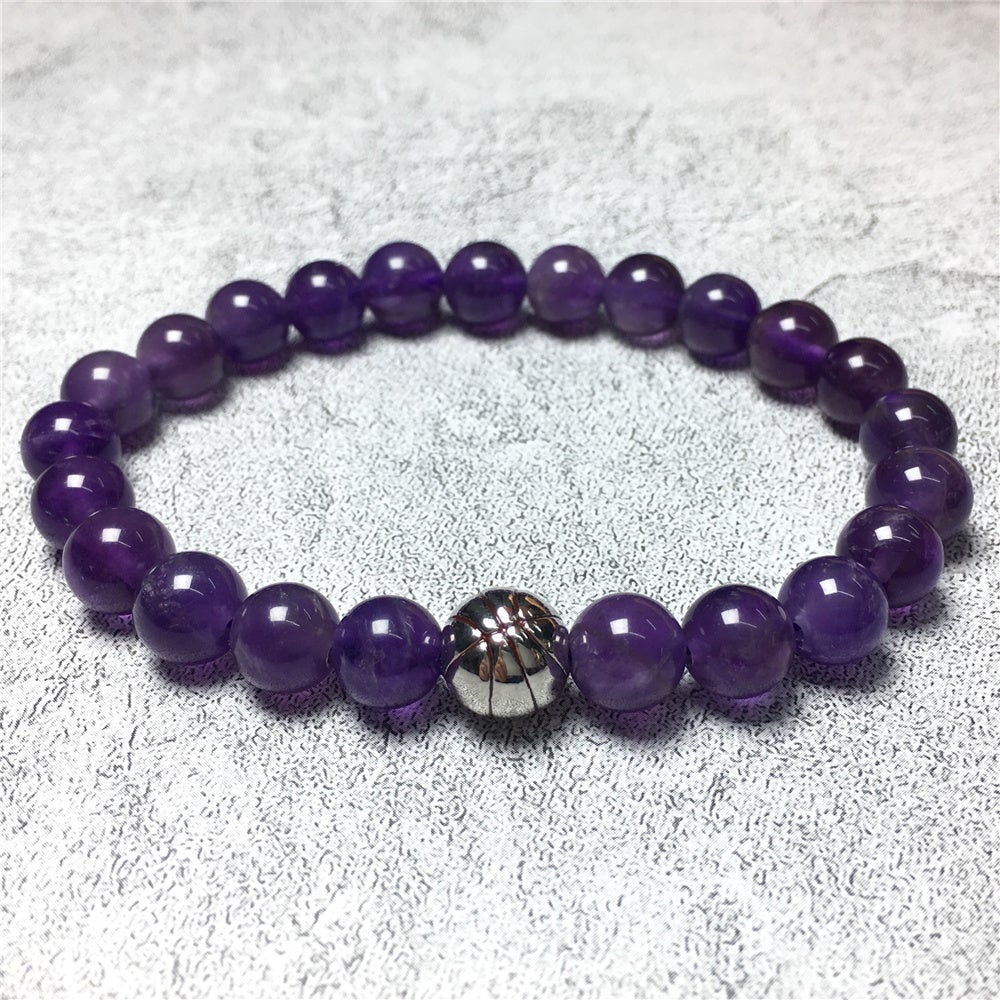 Handmade Natural Amethyst Genuine Gemstones Basketball Charms Beads Bracelet