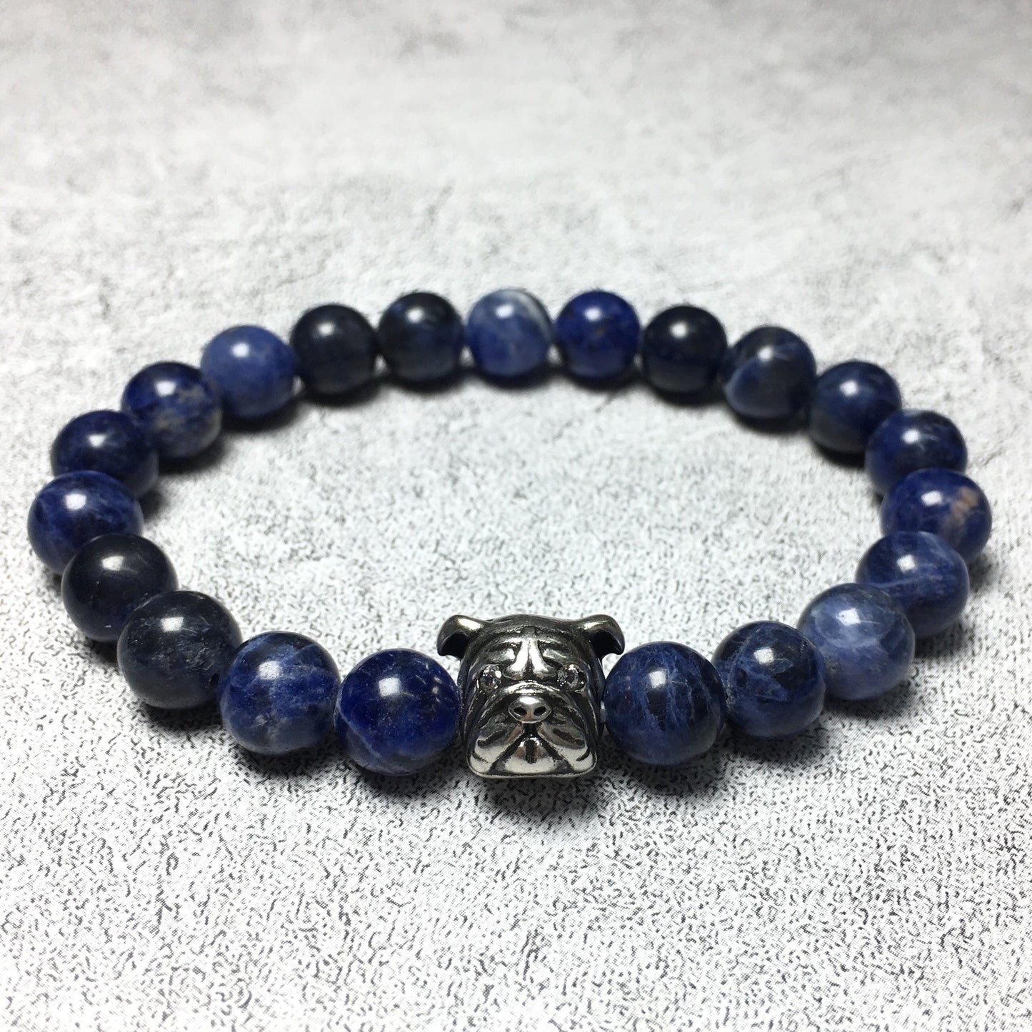 Blue Sodalite Gemstone Beaded Bracelet Elastic Adjustable Bracelet Bulldog Design