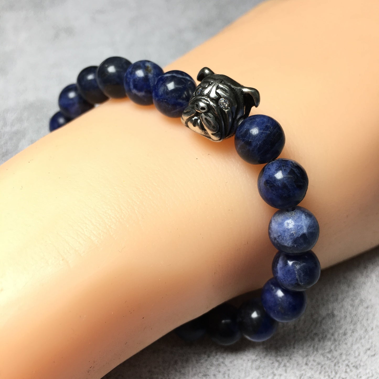 Blue Sodalite Gemstone Beaded Bracelet Elastic Adjustable Bracelet Bulldog Design