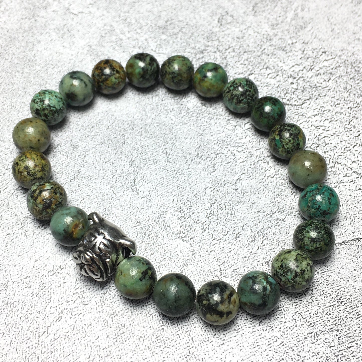 African Turqoiuse Gemstone Beaded Bracelet Custom Beads Adjustable Bracelet Bulldog Style for Women or Men and Fashion Wear