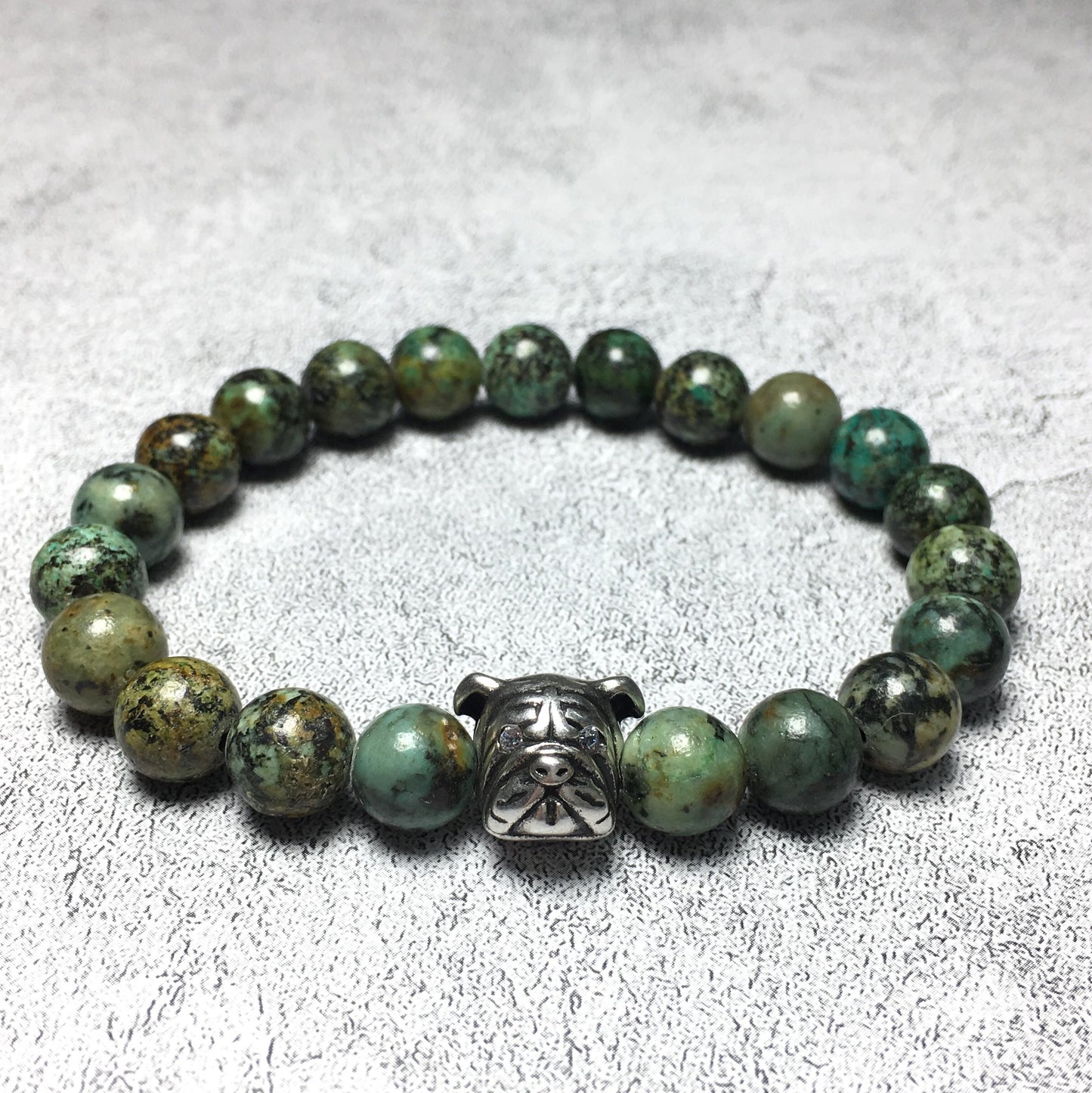 African Turqoiuse Gemstone Beaded Bracelet Custom Beads Adjustable Bracelet Bulldog Style for Women or Men and Fashion Wear