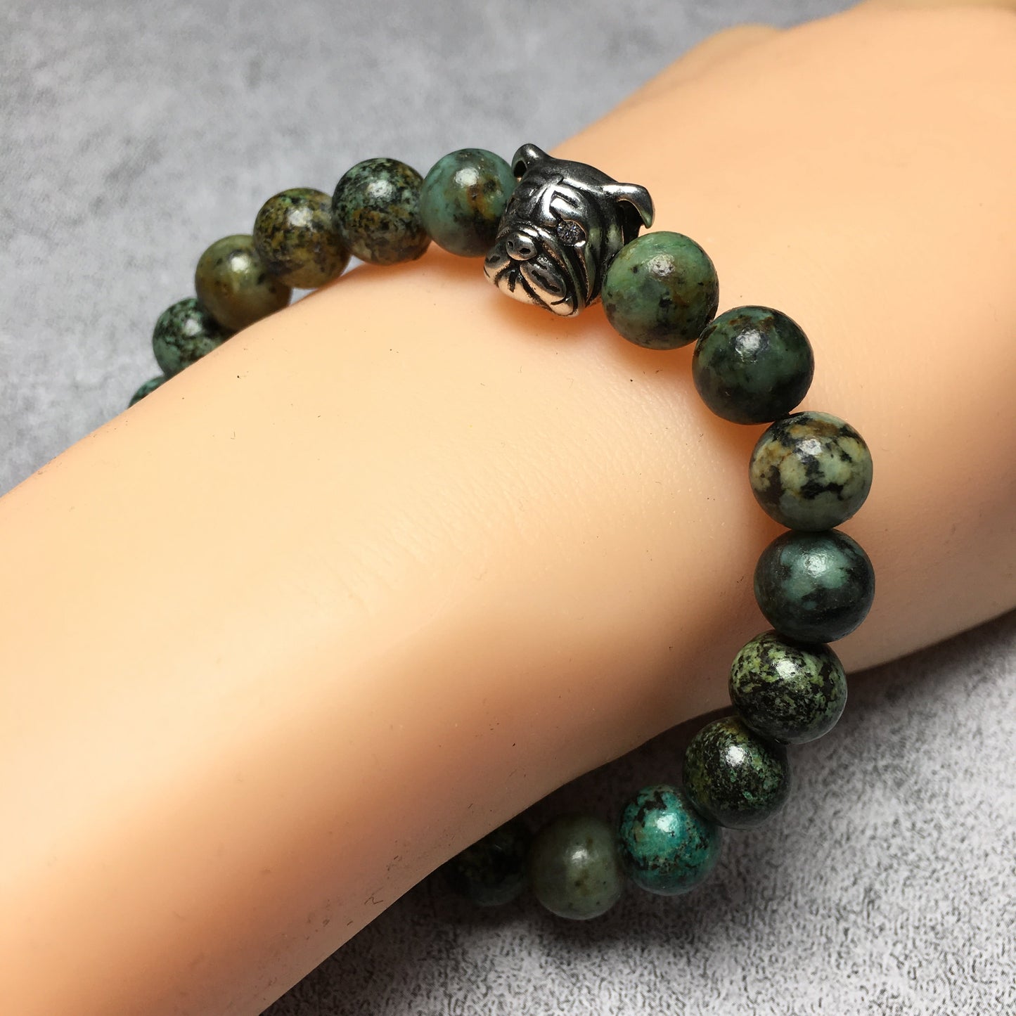African Turqoiuse Gemstone Beaded Bracelet Adjustable Bracelet Bulldog Style