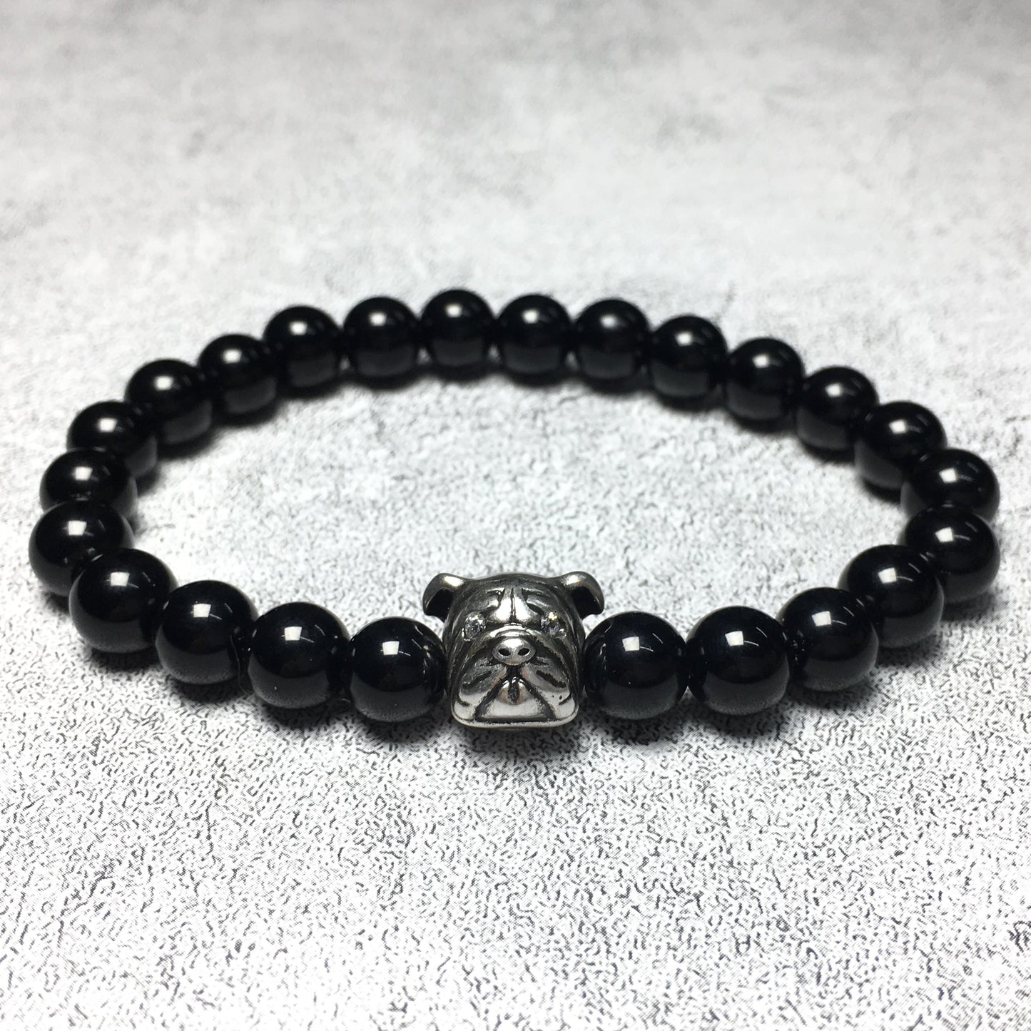 Black Onyx Gemstone Beaded Bracelet Adjustable Bracelet Bulldog Style