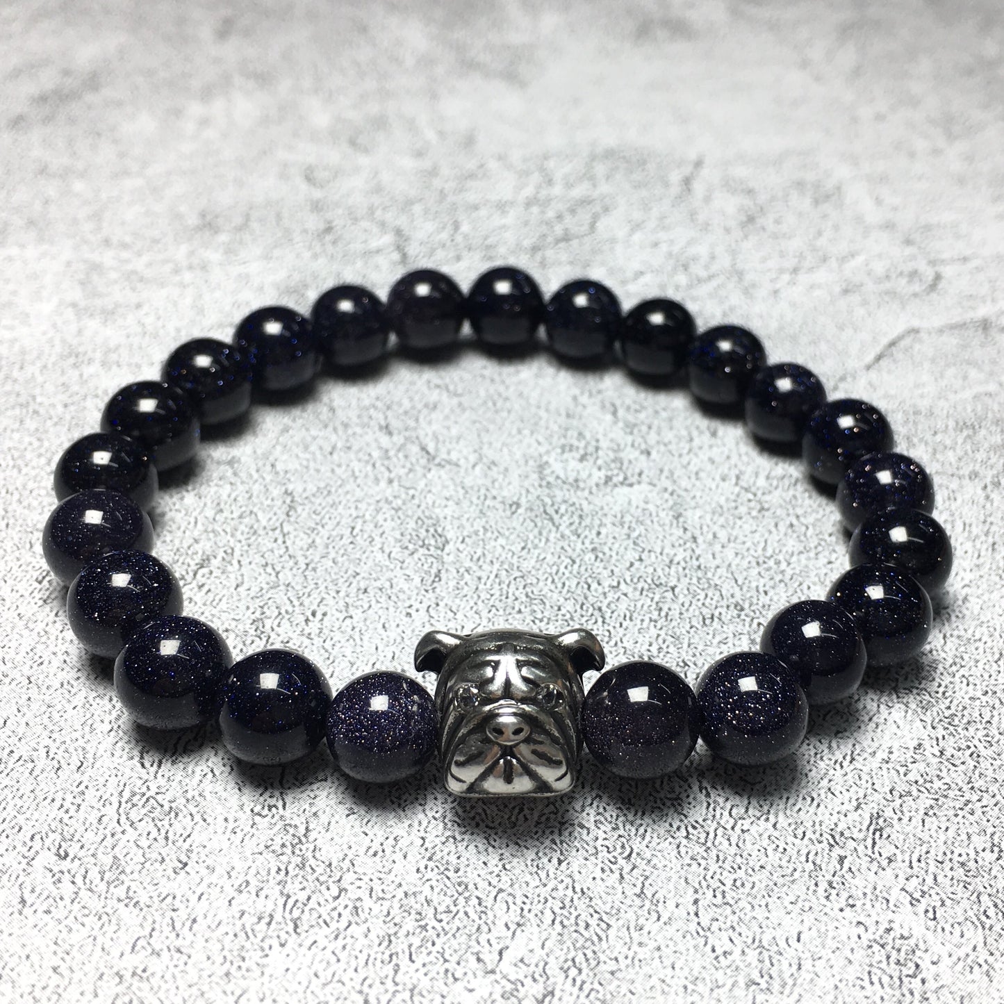 Blue Sandstone Gemstone Beaded Bracelet Elastic Adjustable Bracelet Bulldog Design